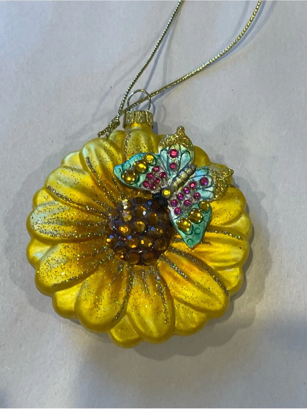 Handblown Glass  Butterfly On A Flower Christmas Ornament